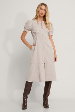 Beige Front Zipper Midi Dress