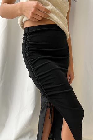 Black Gathered Drawstring Midi Skirt