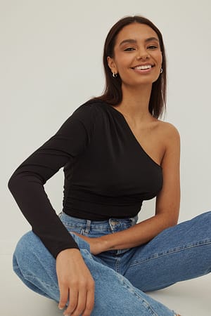 Black Gathered One Shoulder Top
