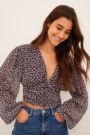 Burgundy Blossom Pattern Chiffonblouse met ingerimpelde taille