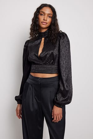 Black Langärmelige Bluse mit geraffter Taille