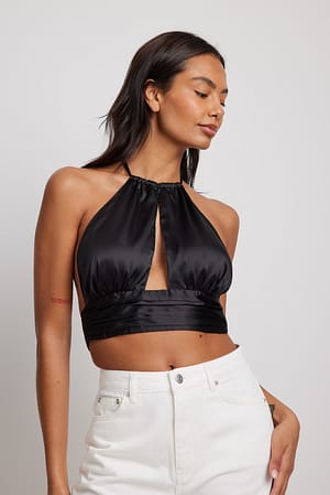 Black Halterneck Cut Out Satin Top
