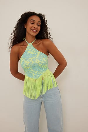 Blue Paisley Débardeur dos nu à franges