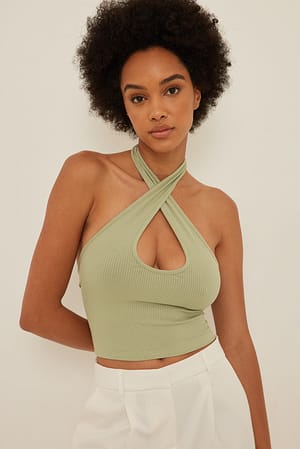 Light Khaki Top keyhole con escote halter