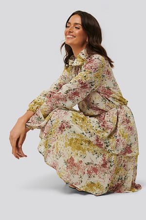 White/Mixed Flowers High Frill Neck Dress