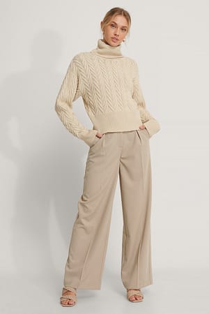 Light Beige Økologisk højhalset striktrøje med mønster