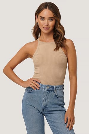 Light Beige High Neck Ribbed Body