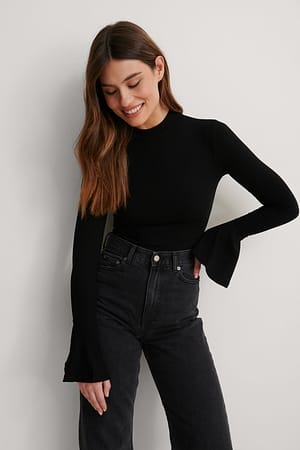 Black High Neck Trumpet Sleeve Top