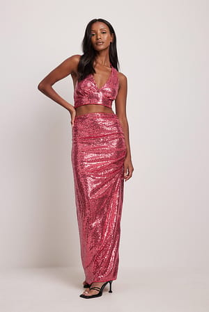 Raspberry High Slit Maxi Sequin Skirt