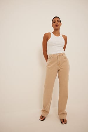 Light Beige Økologiske jeans med høyt liv og lange bein