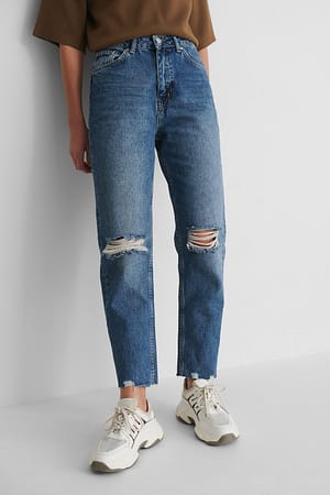 Mid Blue Jean déchiré aux genoux taille haute biologique