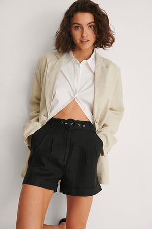 Black Highwaist Belted Linen Shorts