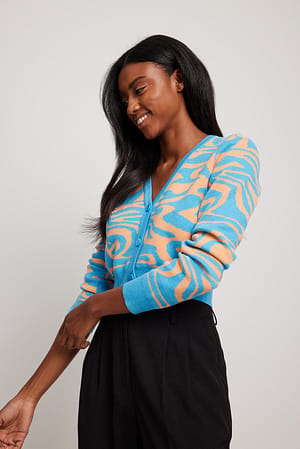 Blue/Orange Cardigan court en tricot