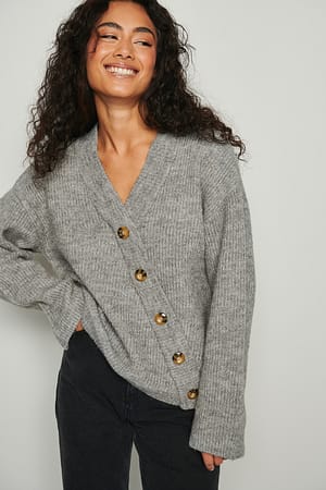 Grey Melange Cardigan asymétrique en maille côtelée