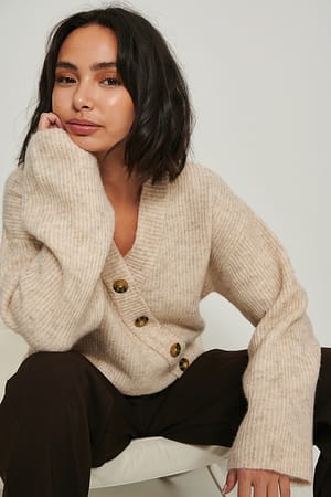 Beige Melange Asymmetrischer gerippter Strick-Cardigan