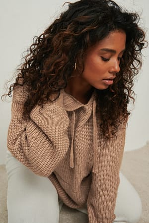 Beige Melange Sweatshirt à capuche en maille avec poche avant