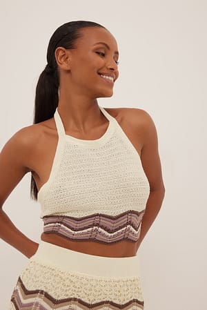 Beige/Cream Strikket topp med halterneck