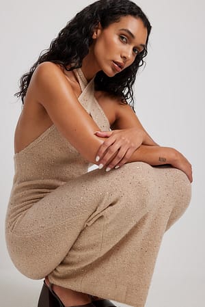 Beige Robe longue en maille à dos nu