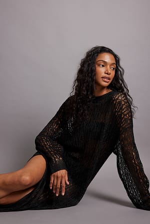 Black Robe longue en maille à fente haute