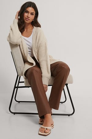 Light Beige Knitted Midi Length Cardigan