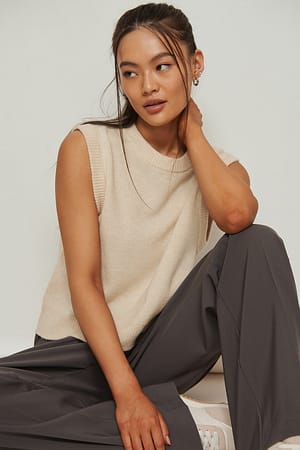 Beige Melange Strikket vest med rund hals