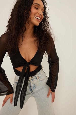 Black Bodystocking i net med bindedetalje