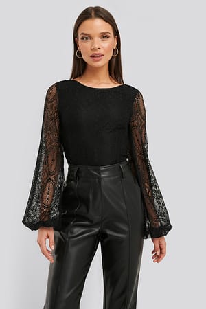 Black Kanten blouse met ballonmouwen