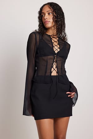 Black Lace Up Front Chiffon Blouse