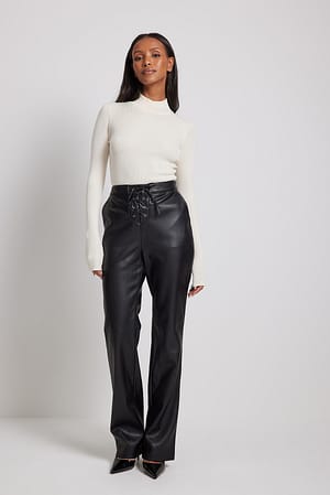 Black Lace-Up PU Pants