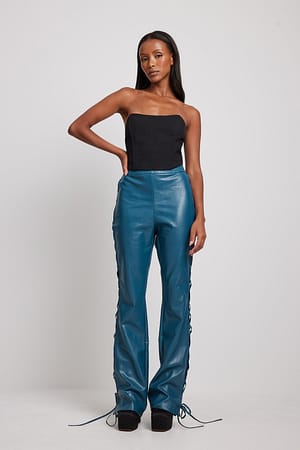 Deep Blue Laced-UP PU Pants