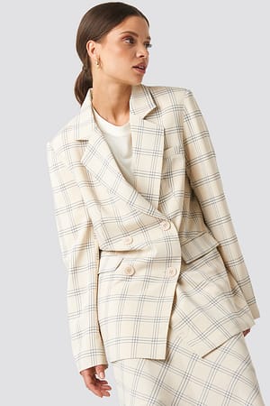 Cream Light Checkered Long Blazer