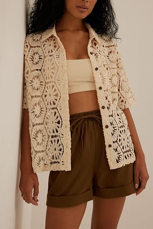 Brown Linen-Blend Fold Up Shorts