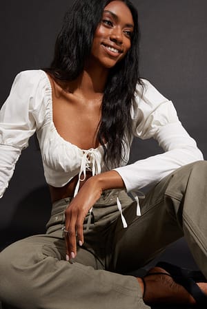 Linen Blend Lace Up Sleeve Blouse