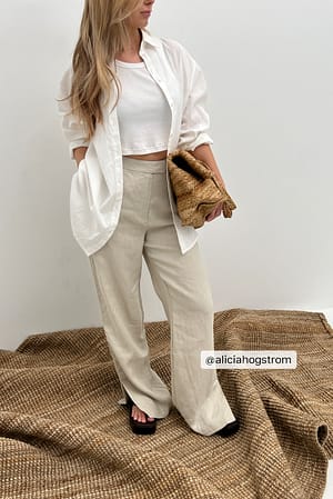 Beige Pantalon en lin fendu sur le côté