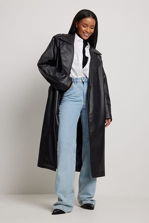 Black Long Biker Pu Trenchcoat