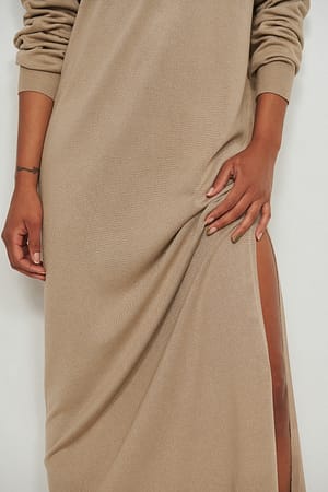 Beige Long High Neck Knitted Slit Dress