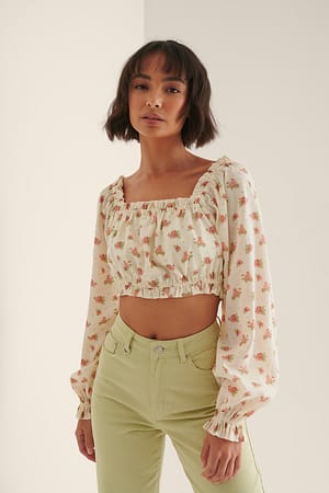 Vintage Flower Long Sleeve Cropped Blouse