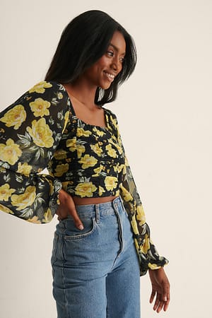 Yellow Black Flower Geraffte Bluse Mit Langen Ärmeln