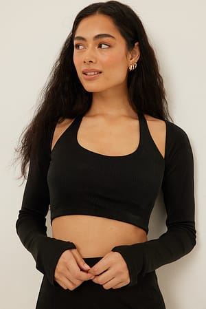 Black Long Sleeve Halterneck Top