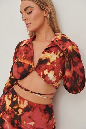 Red/Red print Bluse i lærred med lange ærmer