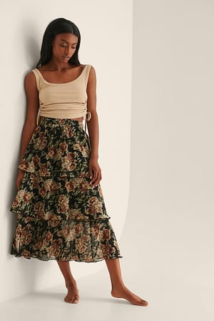 Black Print Midi Frilled Skirt