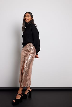 Gold Falda midi con abertura y lentejuelas