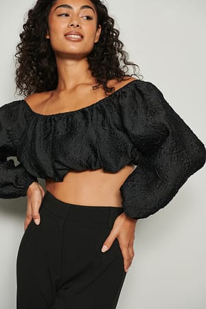 Black Off Shoulder Balloon Sleeve Blouse