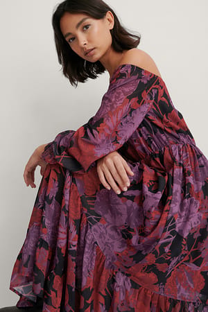 Red Flower Off Shoulder LS Chiffon Dress