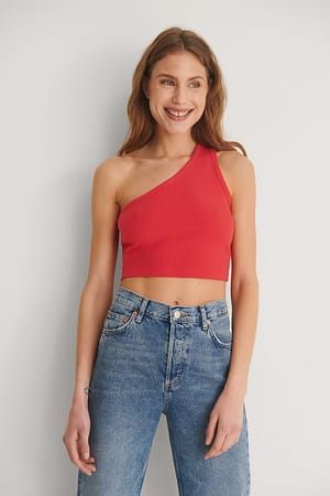 Red One Shoulder Crop Rib Top