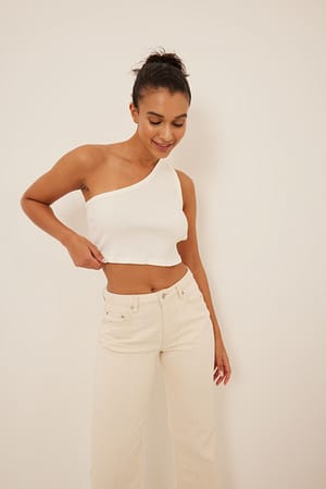 Offwhite One Shoulder Crop Rib Top