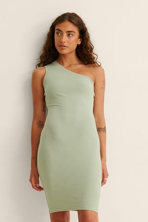 Light Khaki Vestido acanalado con un hombro al aire orgánico