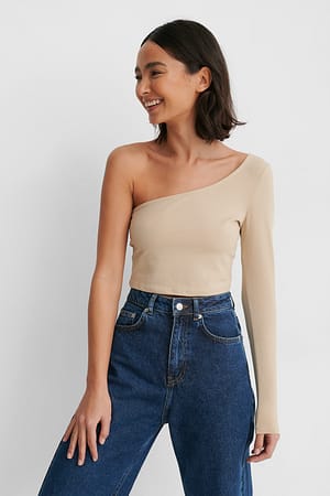 Beige One Sleeve Crop Top