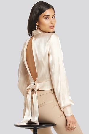 Dusty Light Beige Open Back Tie Detail Blouse