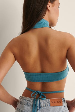 Blue Open Back High Neck Rib Top